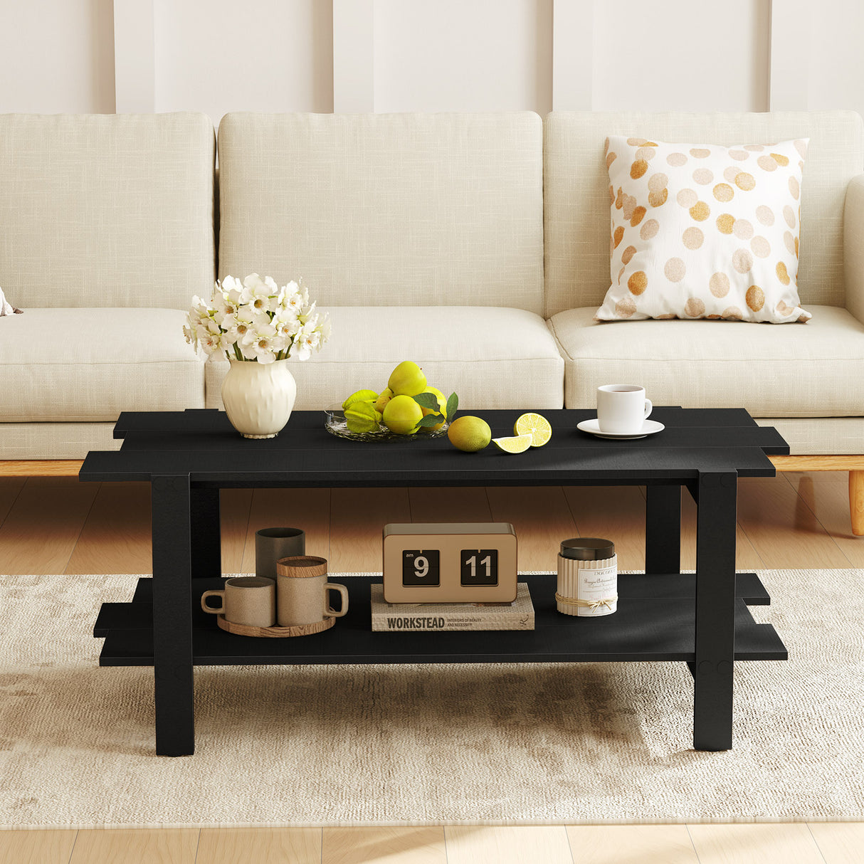 2-Tier Coffee Table Slatted Wood Center Table with Storage Shelf-Black