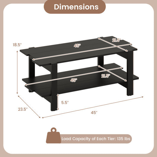 2-Tier Coffee Table Slatted Wood Center Table with Storage Shelf-Black