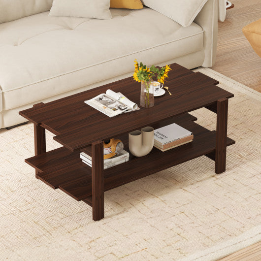 2-Tier Coffee Table Slatted Wood Center Table with Storage Shelf-Walnut