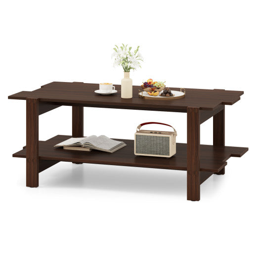 2-Tier Coffee Table Slatted Wood Center Table with Storage Shelf-Walnut