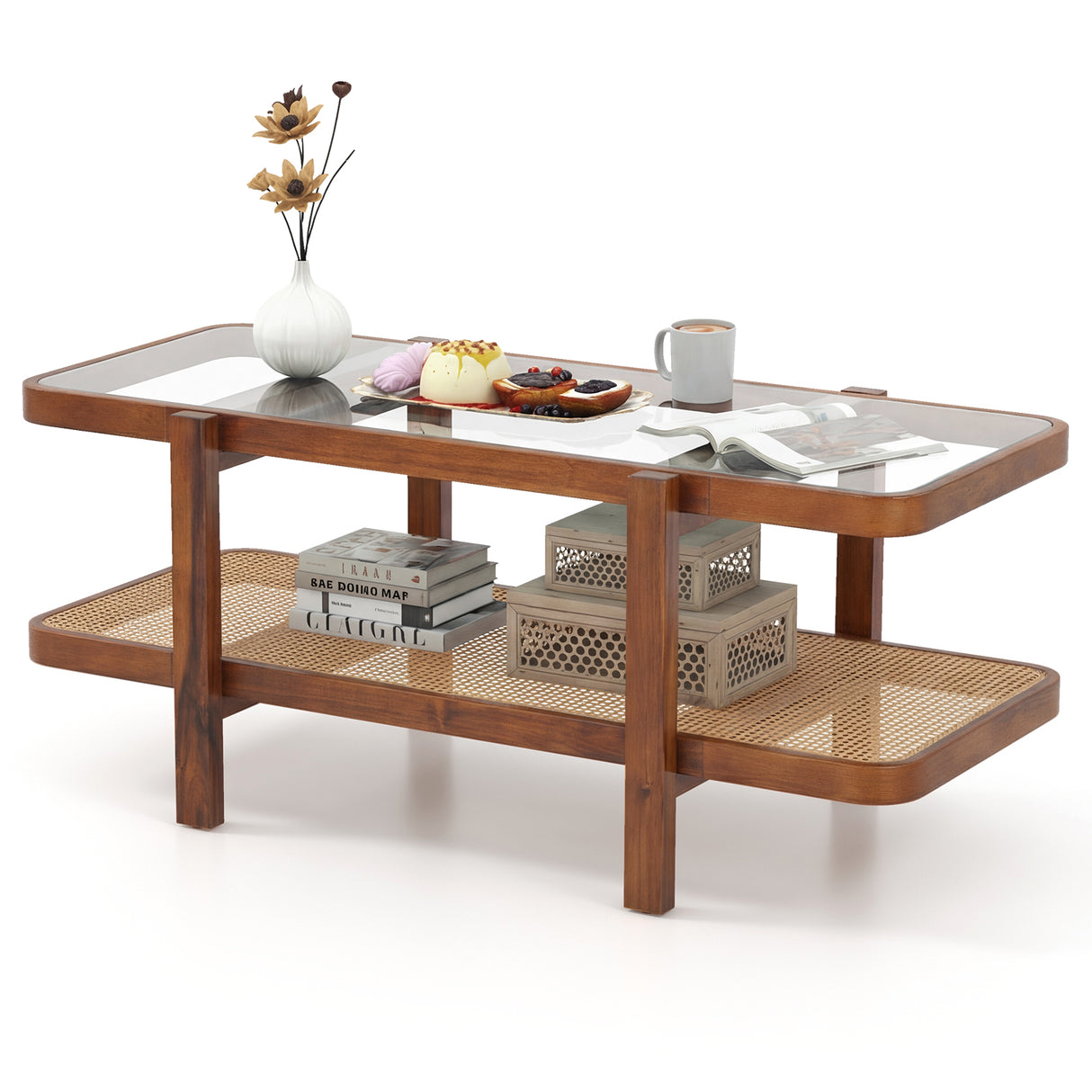2-Tier Coffee Table with Storage and Tempered Glass Tabletop-Coffee