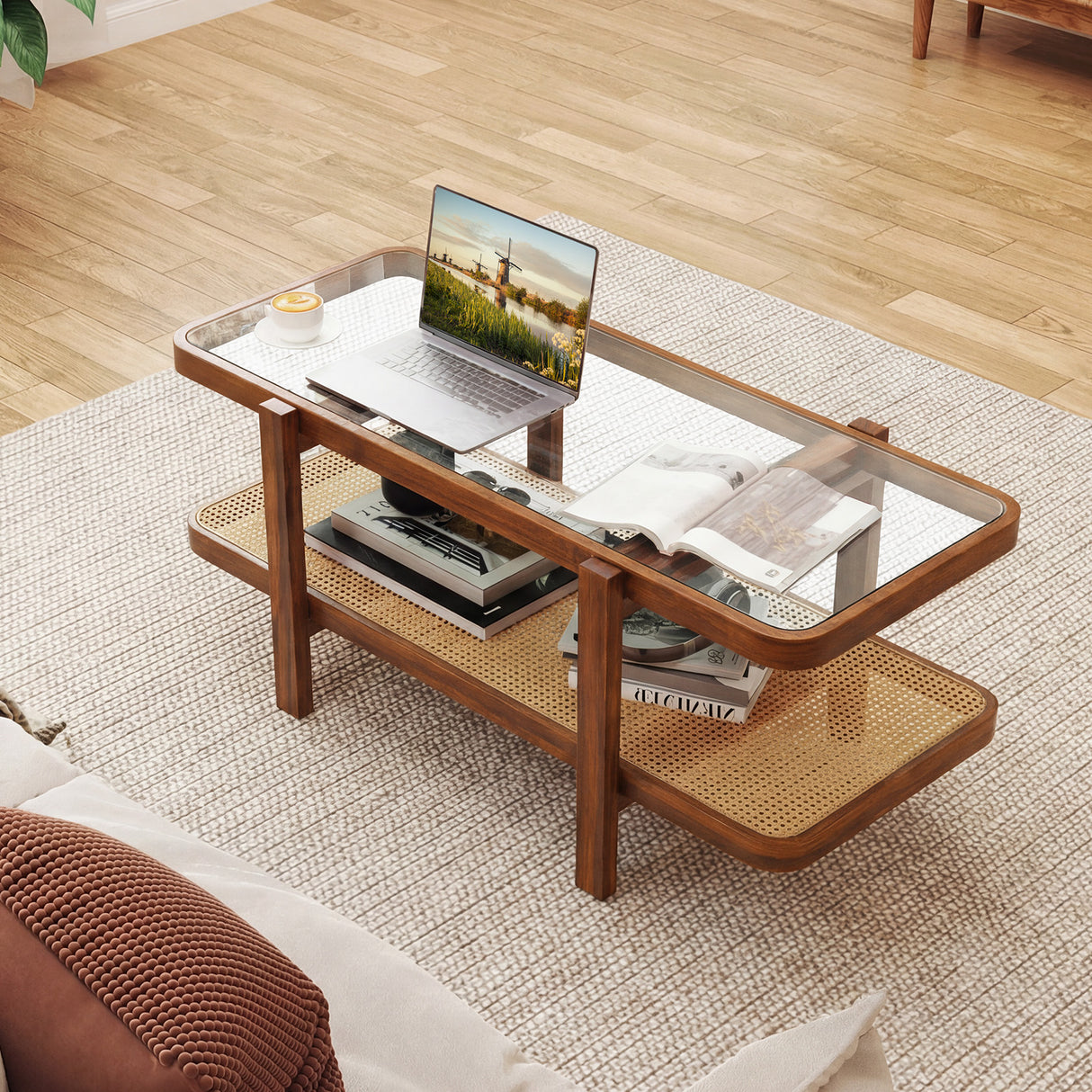2-Tier Coffee Table with Storage and Tempered Glass Tabletop-Coffee