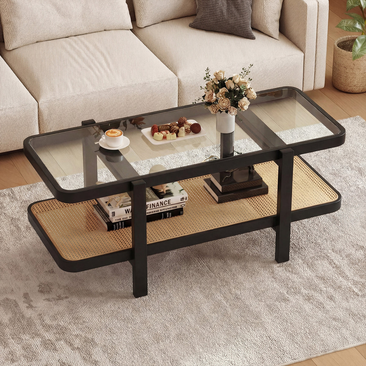 2-Tier Coffee Table with Storage and Tempered Glass Tabletop-Black