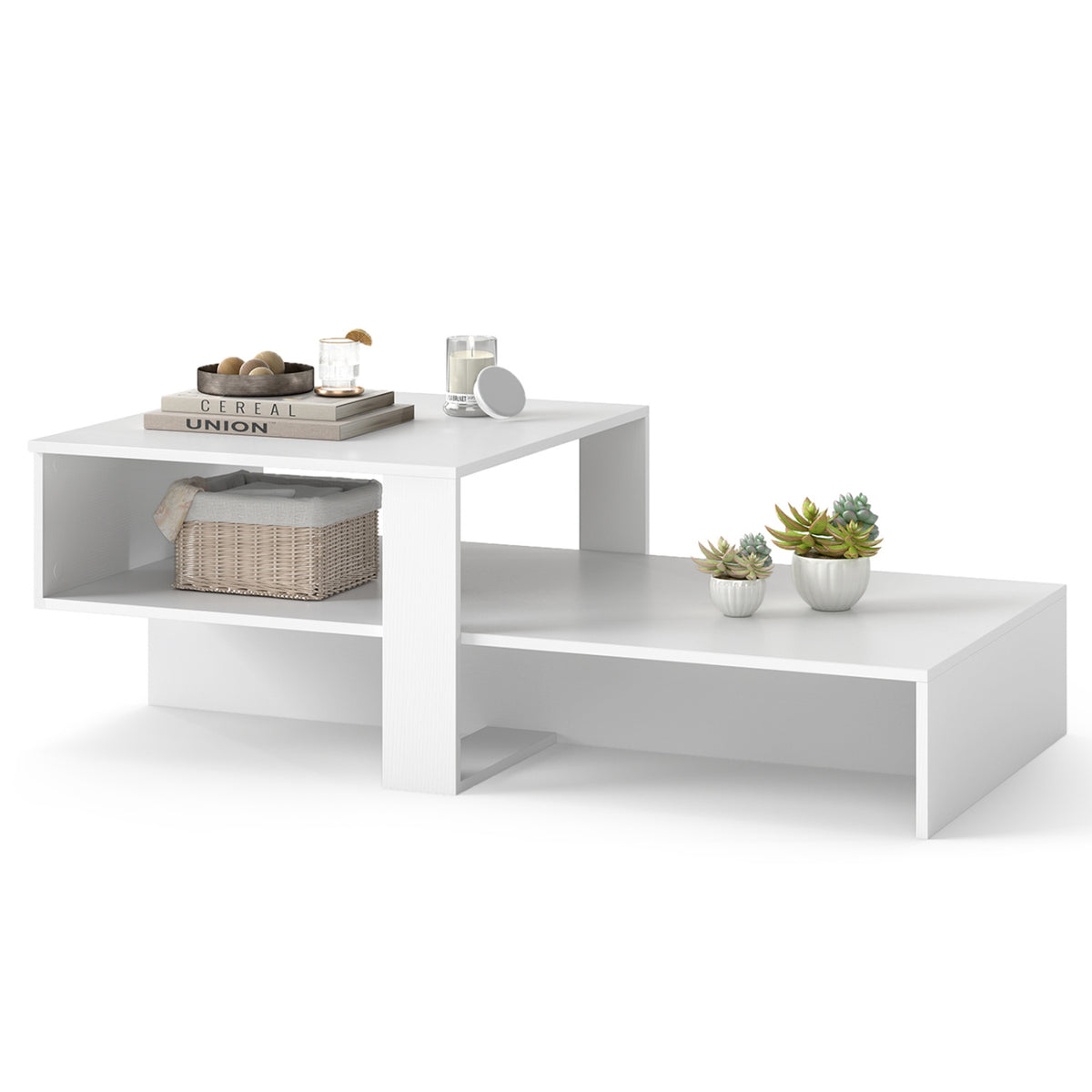 2-Tier Coffee Table Modern Irregular Center Table with Open Storage Shelf-White