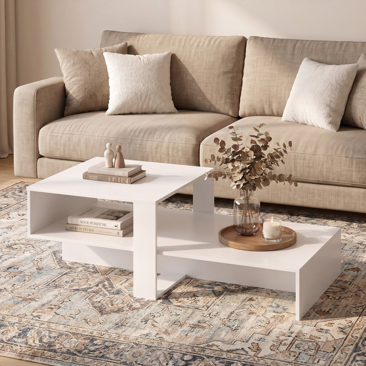 2-Tier Coffee Table Modern Irregular Center Table with Open Storage Shelf-White
