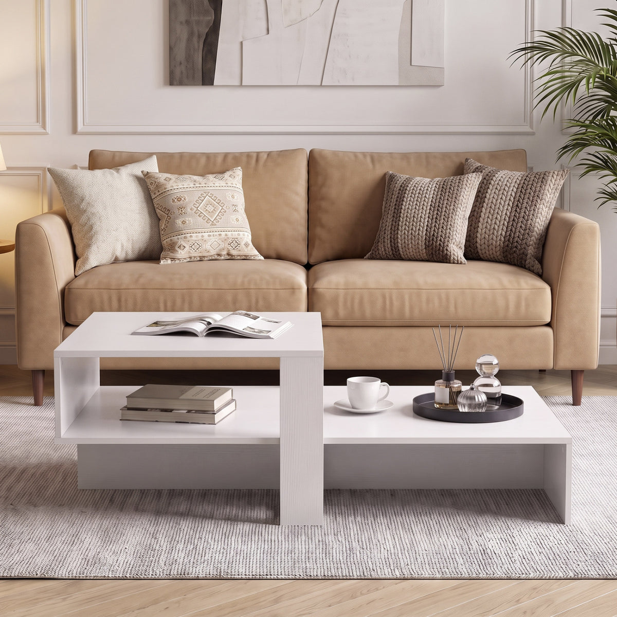 2-Tier Coffee Table Modern Irregular Center Table with Open Storage Shelf-White