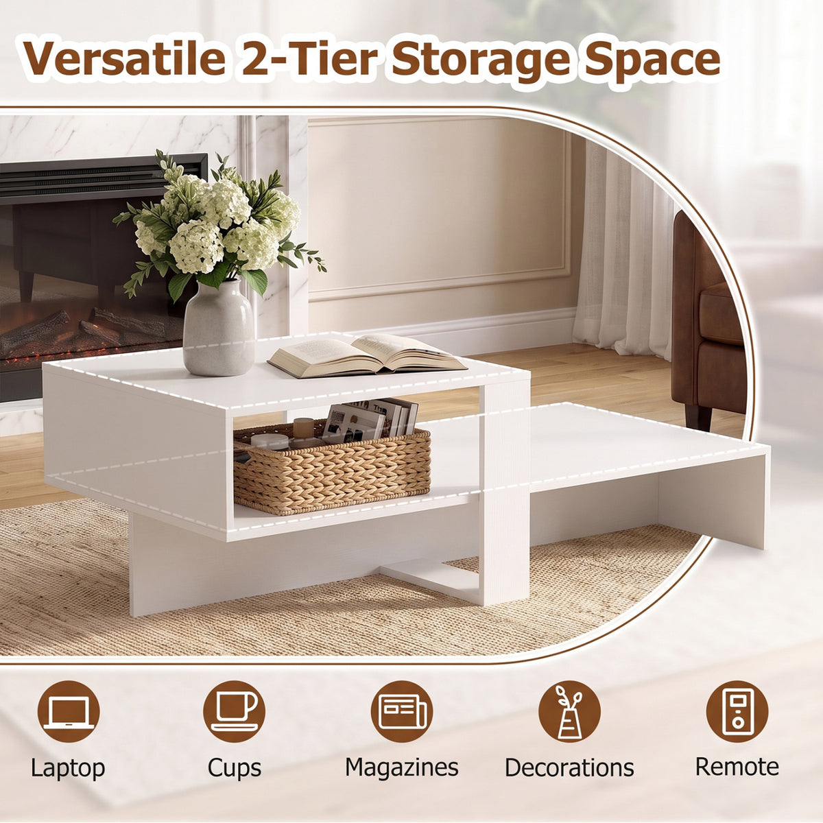 2-Tier Coffee Table Modern Irregular Center Table with Open Storage Shelf-White