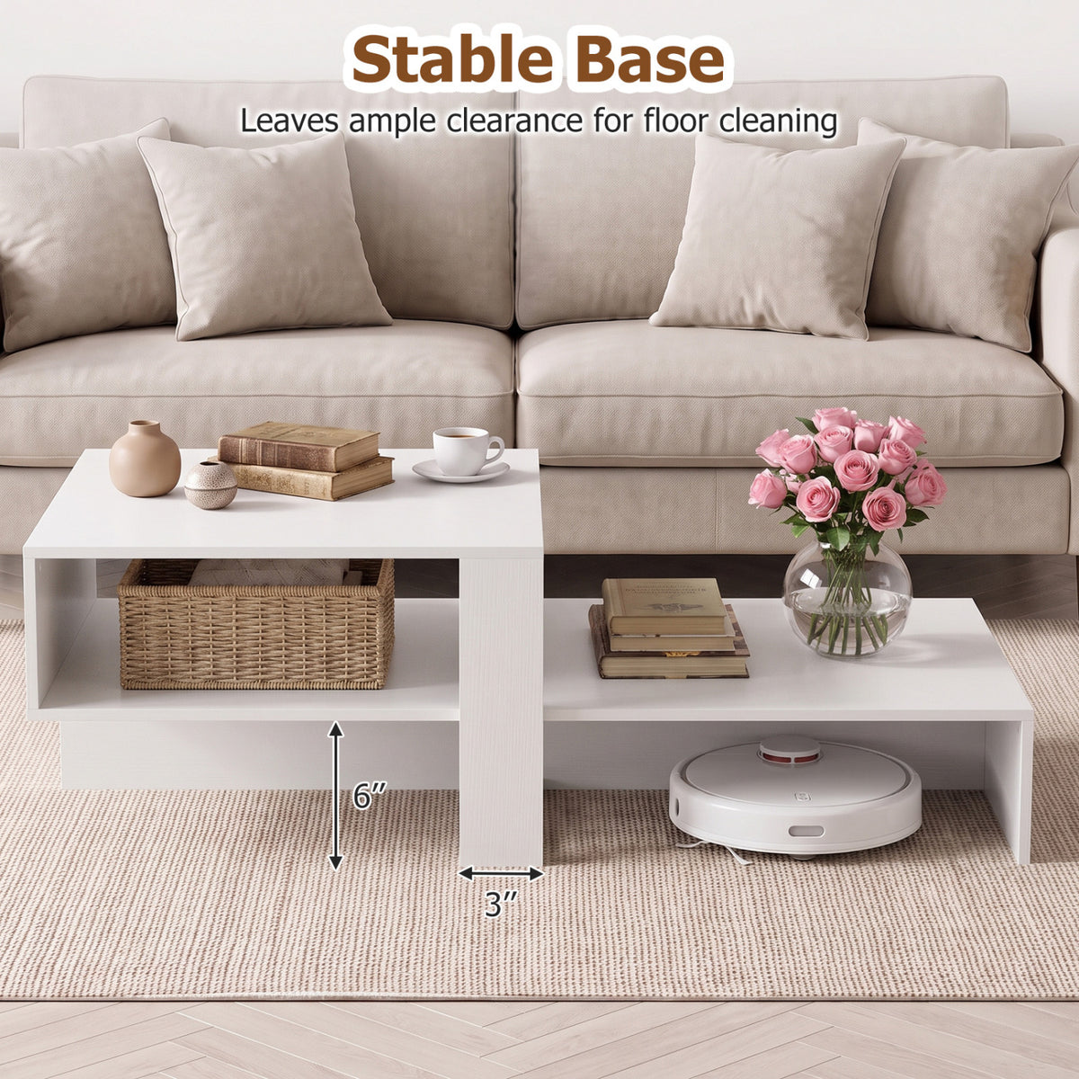 2-Tier Coffee Table Modern Irregular Center Table with Open Storage Shelf-White
