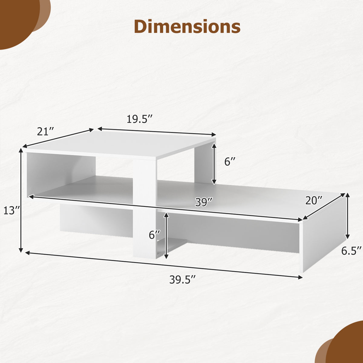 2-Tier Coffee Table Modern Irregular Center Table with Open Storage Shelf-White