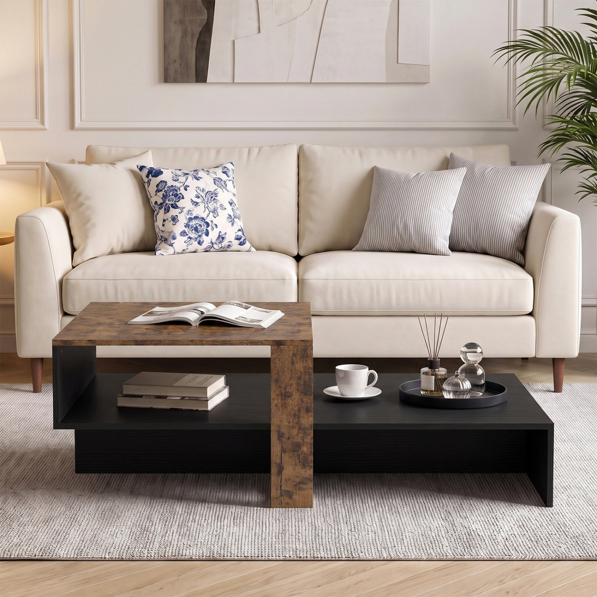 2-Tier Coffee Table Modern Irregular Center Table with Open Storage Shelf-Black & Brown