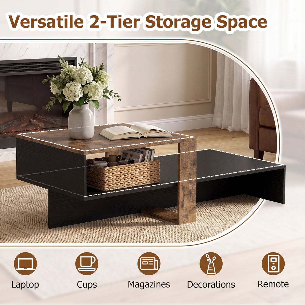2-Tier Coffee Table Modern Irregular Center Table with Open Storage Shelf-Black & Brown