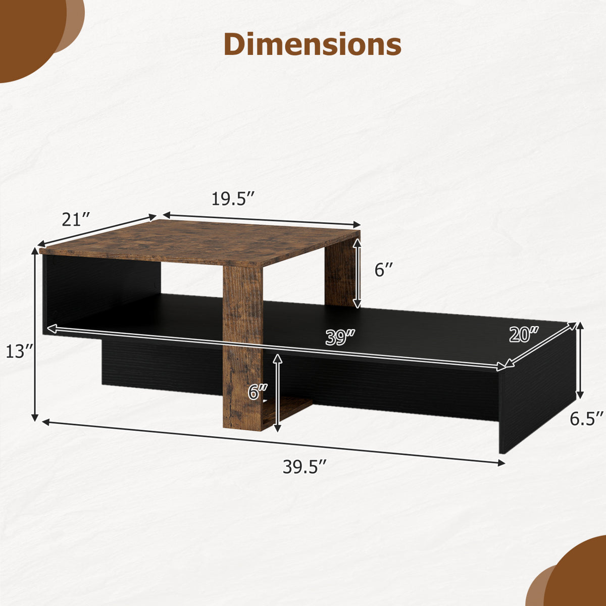 2-Tier Coffee Table Modern Irregular Center Table with Open Storage Shelf-Black & Brown