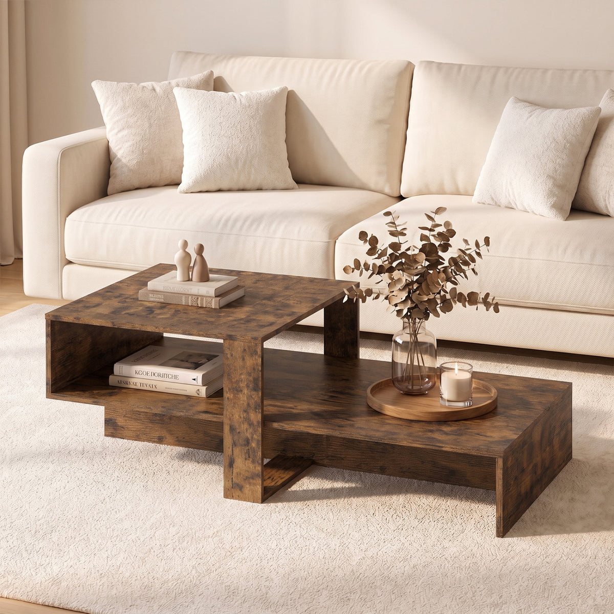 2-Tier Coffee Table Modern Irregular Center Table with Open Storage Shelf-Brown