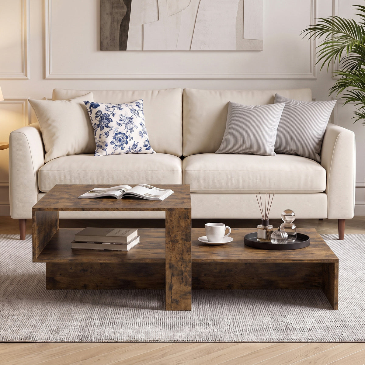 2-Tier Coffee Table Modern Irregular Center Table with Open Storage Shelf-Brown