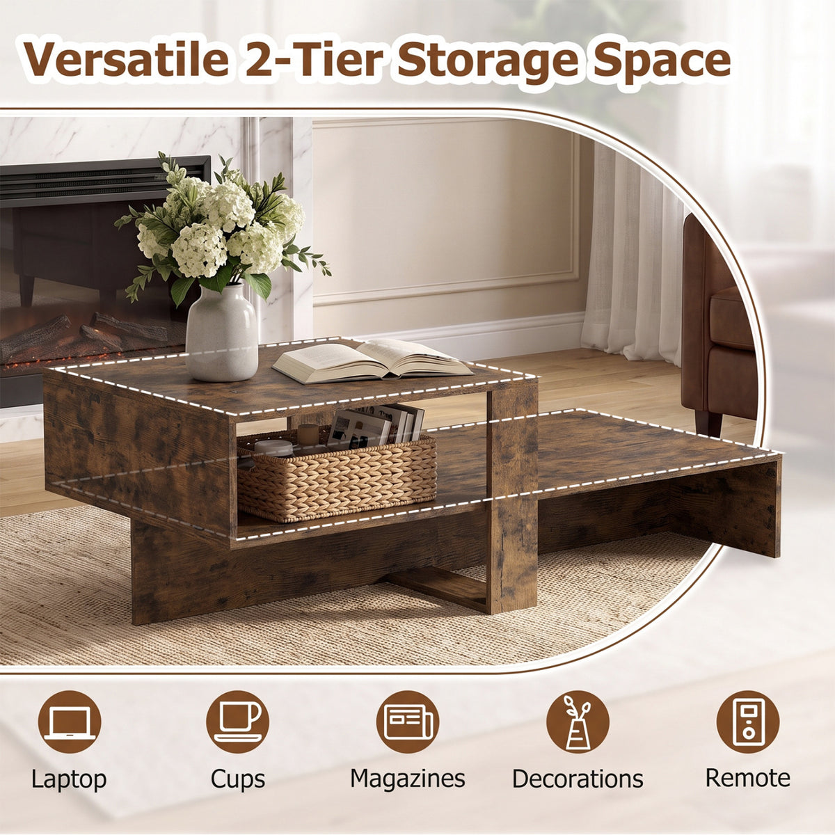 2-Tier Coffee Table Modern Irregular Center Table with Open Storage Shelf-Brown
