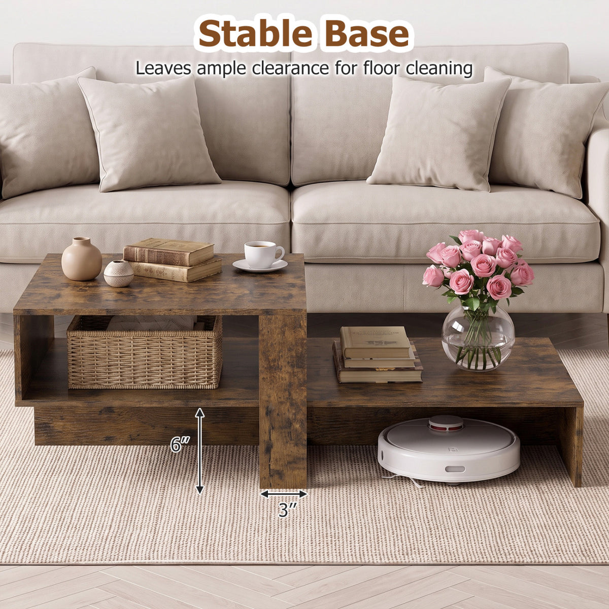 2-Tier Coffee Table Modern Irregular Center Table with Open Storage Shelf-Brown