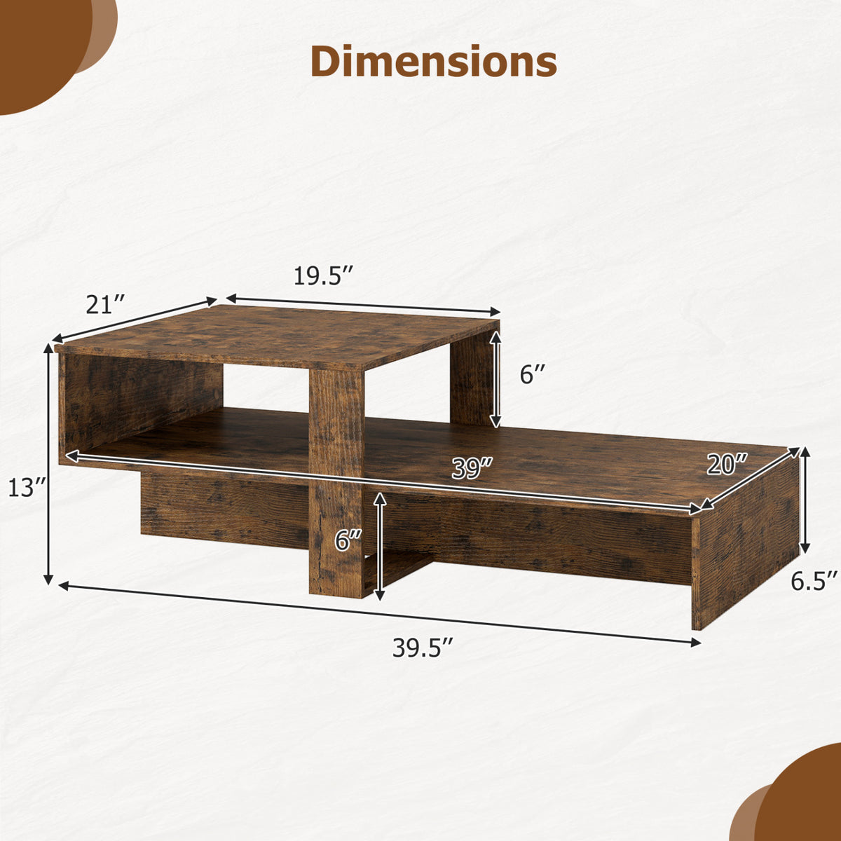 2-Tier Coffee Table Modern Irregular Center Table with Open Storage Shelf-Brown