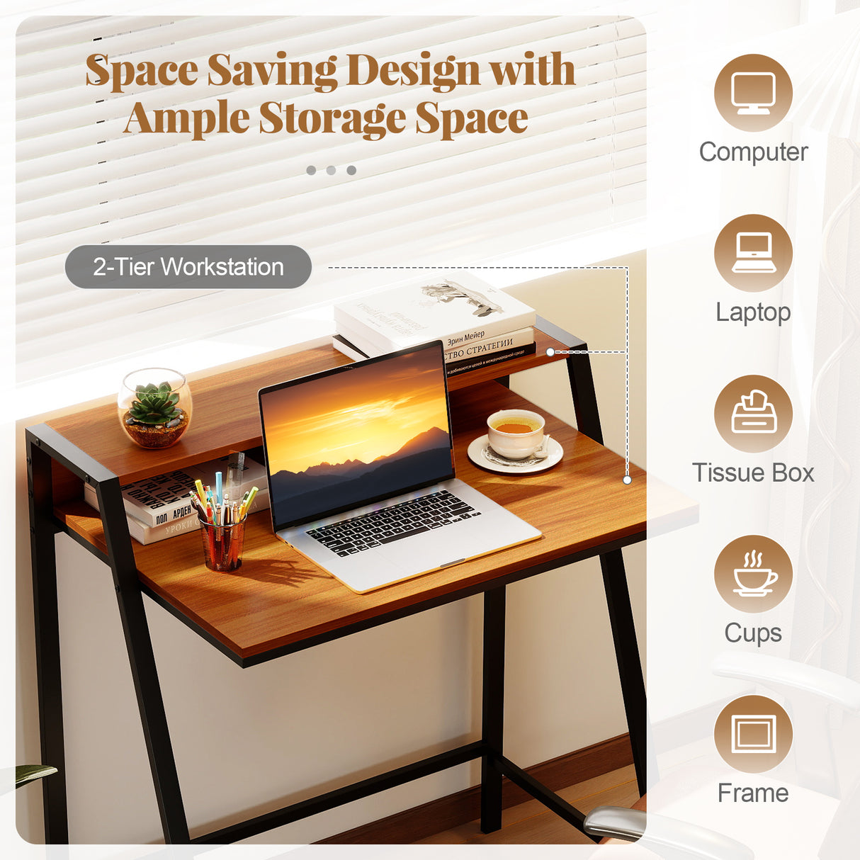 2 Tier Computer Desk PC Laptop Table Study Writing Home Office Workstation New-Walnut