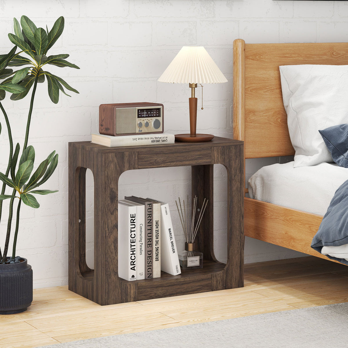 2-Tier End Table with Storage Shelf for Living Room-Walnut