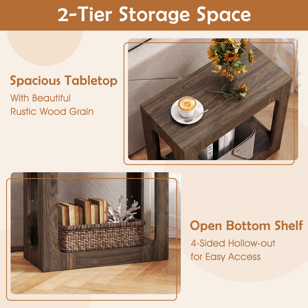 2-Tier End Table with Storage Shelf for Living Room-Walnut