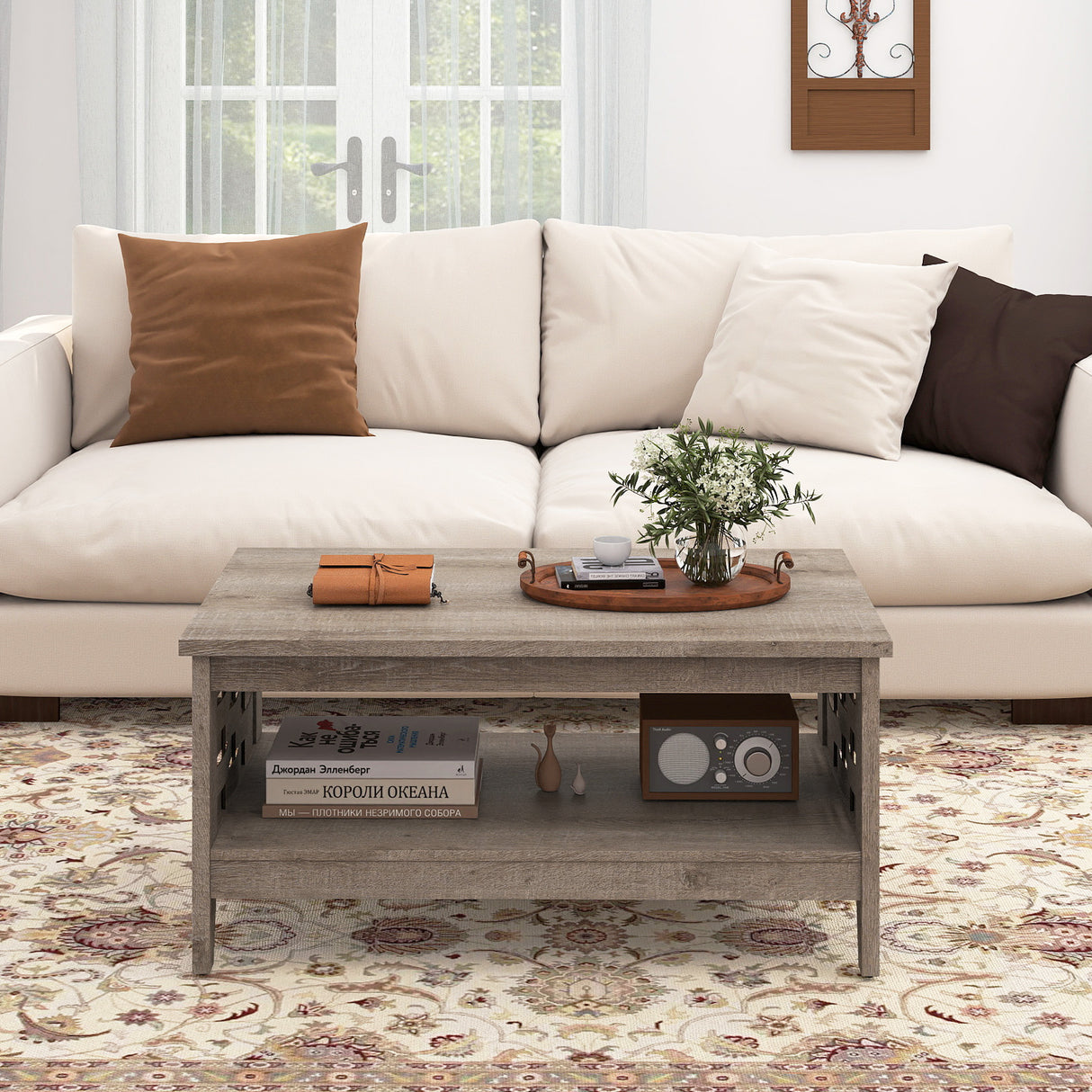 2-Tier Farmhouse Coffee Table with Open Shelf and Woven Decorations for Living Room-Oak