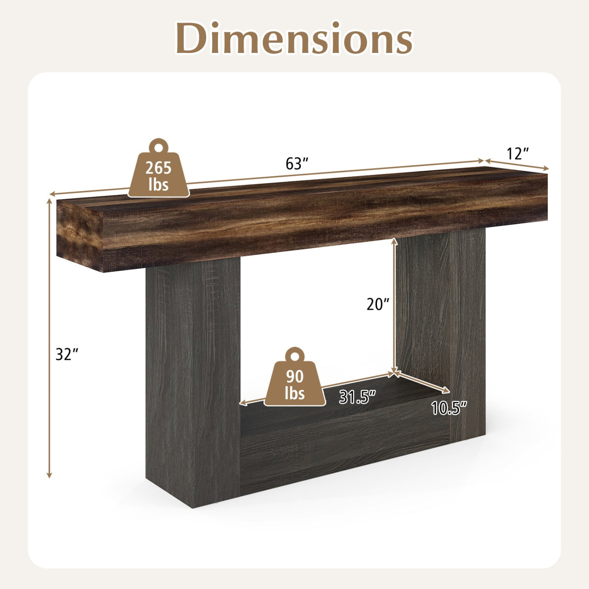 2-Tier Farmhouse Console Table 63" Long with Storage Shelf-Rustic Brown