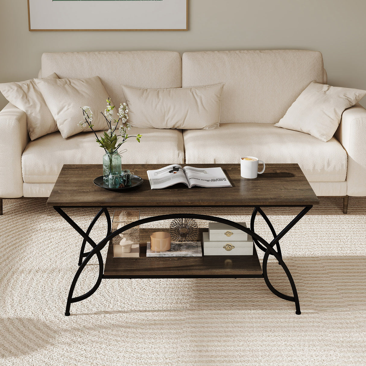 2-Tier Faux Marble Coffee Table with Marble Top and Metal Frame-Oak