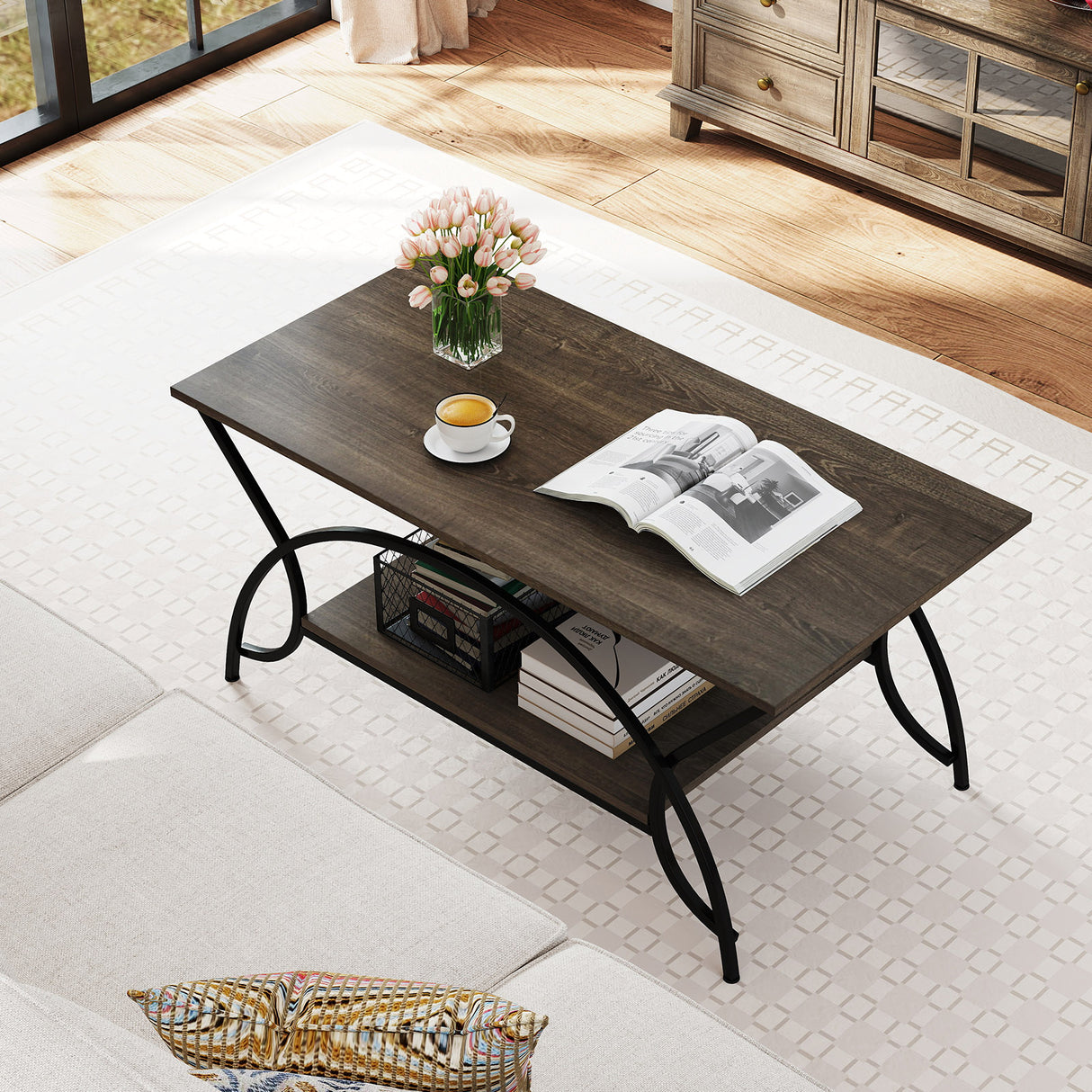 2-Tier Faux Marble Coffee Table with Marble Top and Metal Frame-Oak