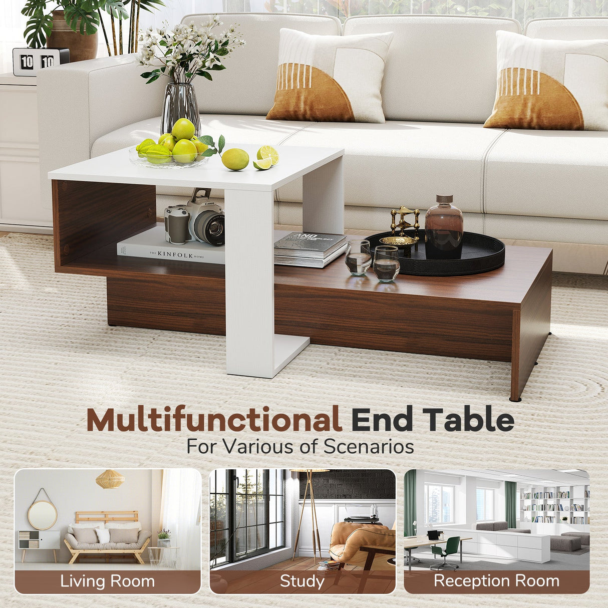 2-Tier Geometric Coffee Table with Storage Shelves for Living Room and Reception Room-White and Brown by DirectDeals