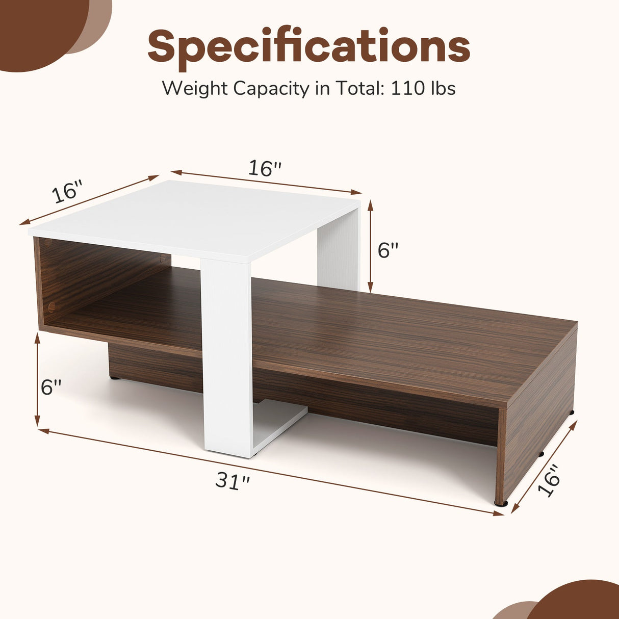 2-Tier Geometric Coffee Table with Storage Shelves for Living Room and Reception Room-White and Brown by DirectDeals