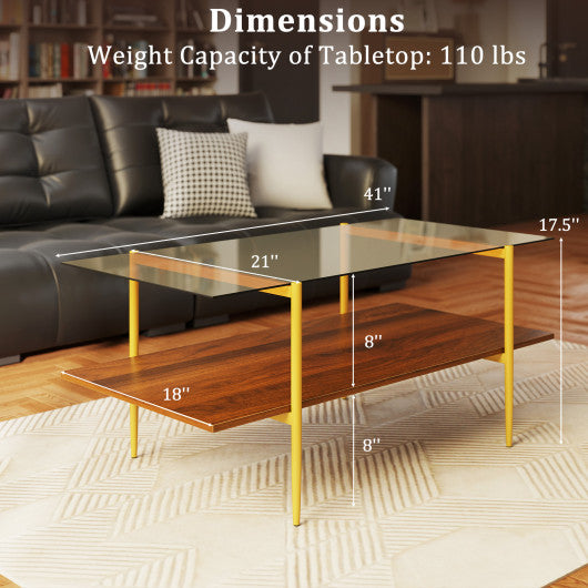 2-Tier Glass Coffee Table with Tampered Glass Tabletop and Open Storage Shelf-Brown