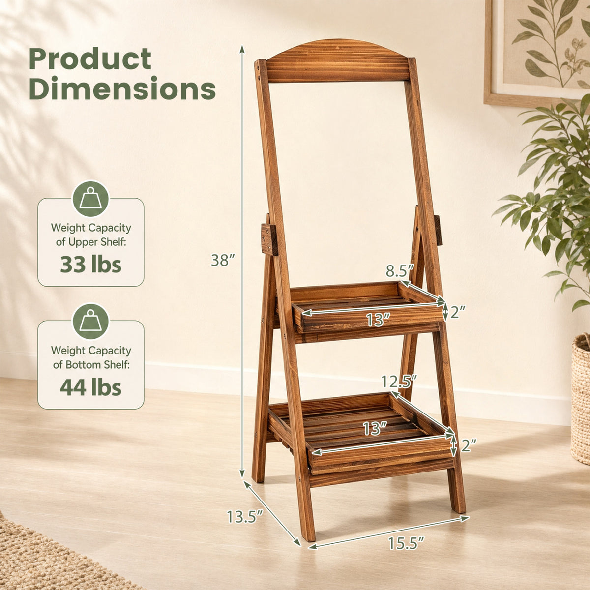 2-Tier Ladder Shelf Rustic Plant Stand with Fir Wood Frame-Rusticbrown