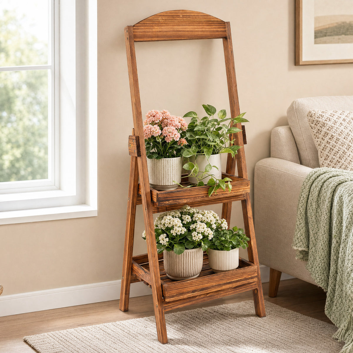 2-Tier Ladder Shelf Rustic Plant Stand with Fir Wood Frame-Rusticbrown