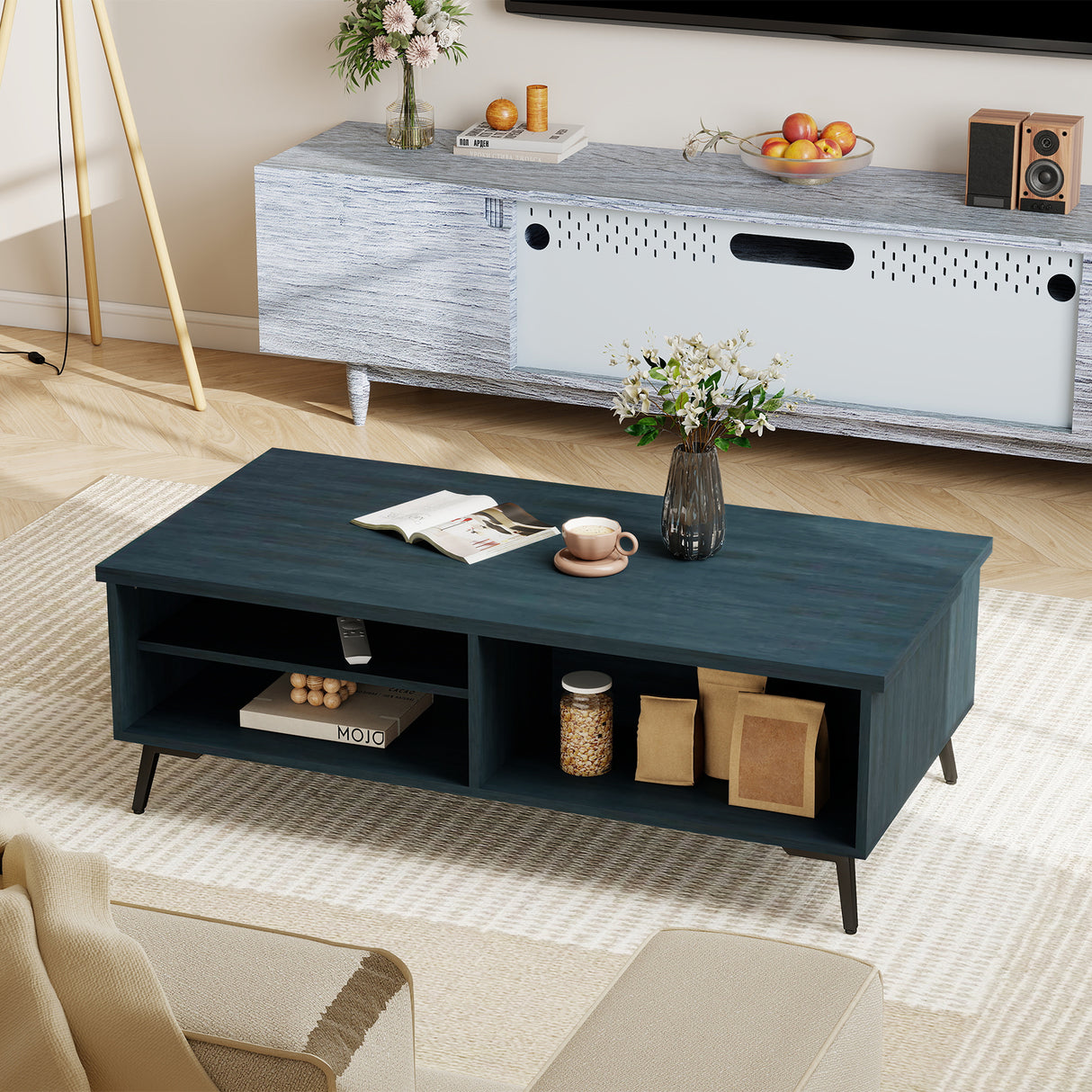 2-Tier Mid Century Modern Coffee Table with Storage Shelves Compartments-Blue
