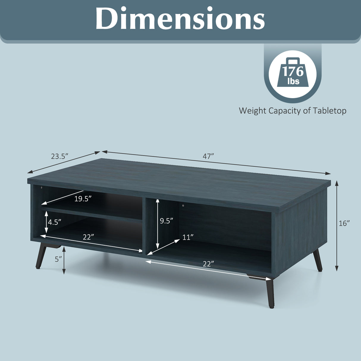 2-Tier Mid Century Modern Coffee Table with Storage Shelves Compartments-Blue