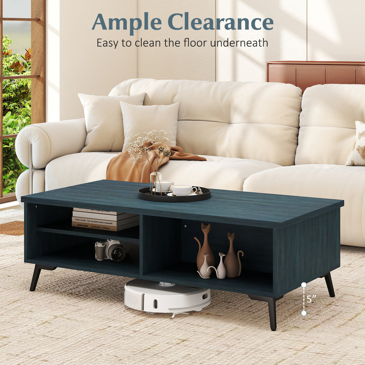 2-Tier Mid Century Modern Coffee Table with Storage Shelves Compartments-Blue