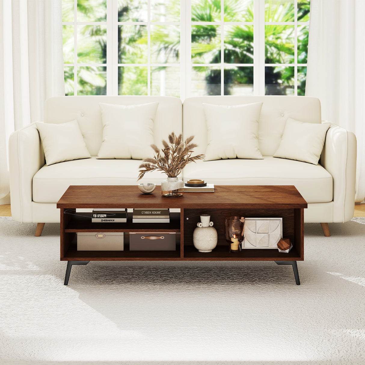 2-Tier Mid Century Modern Coffee Table with Storage Shelves Compartments-Walnut