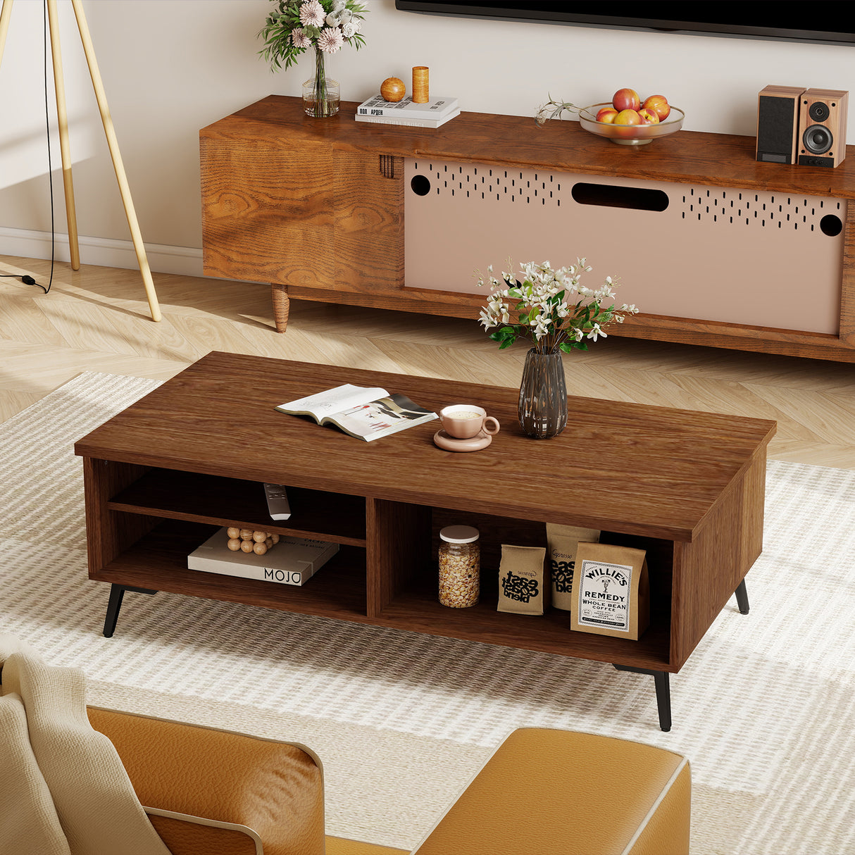 2-Tier Mid Century Modern Coffee Table with Storage Shelves Compartments-Walnut