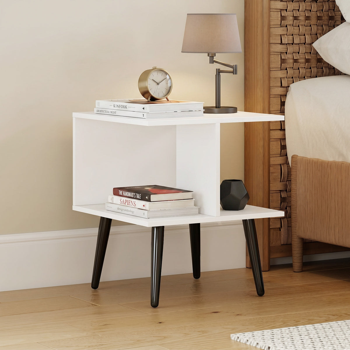 2-Tier Mid Century Modern End Table with 2 Compartments and Metal Legs-White