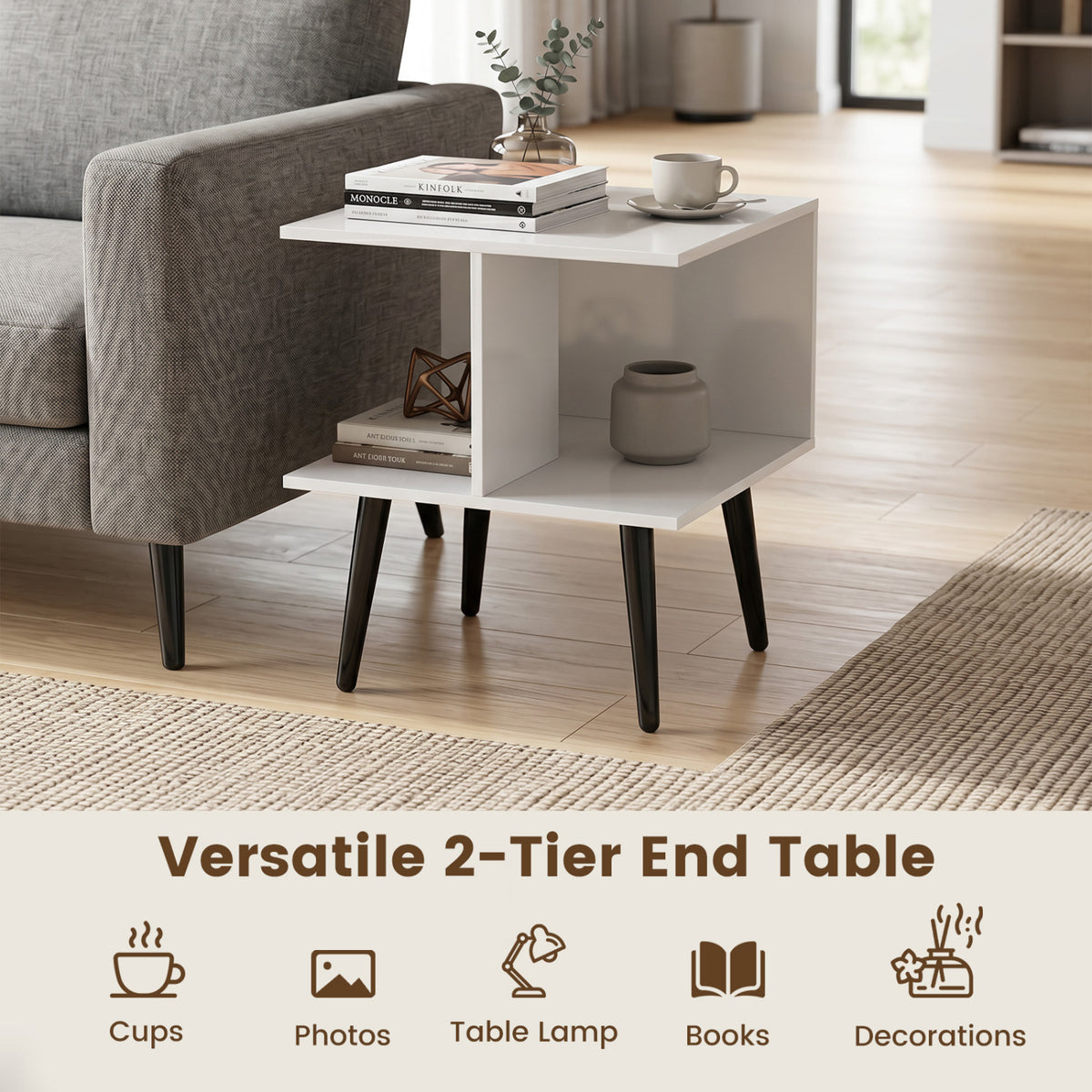 2-Tier Mid Century Modern End Table with 2 Compartments and Metal Legs-White