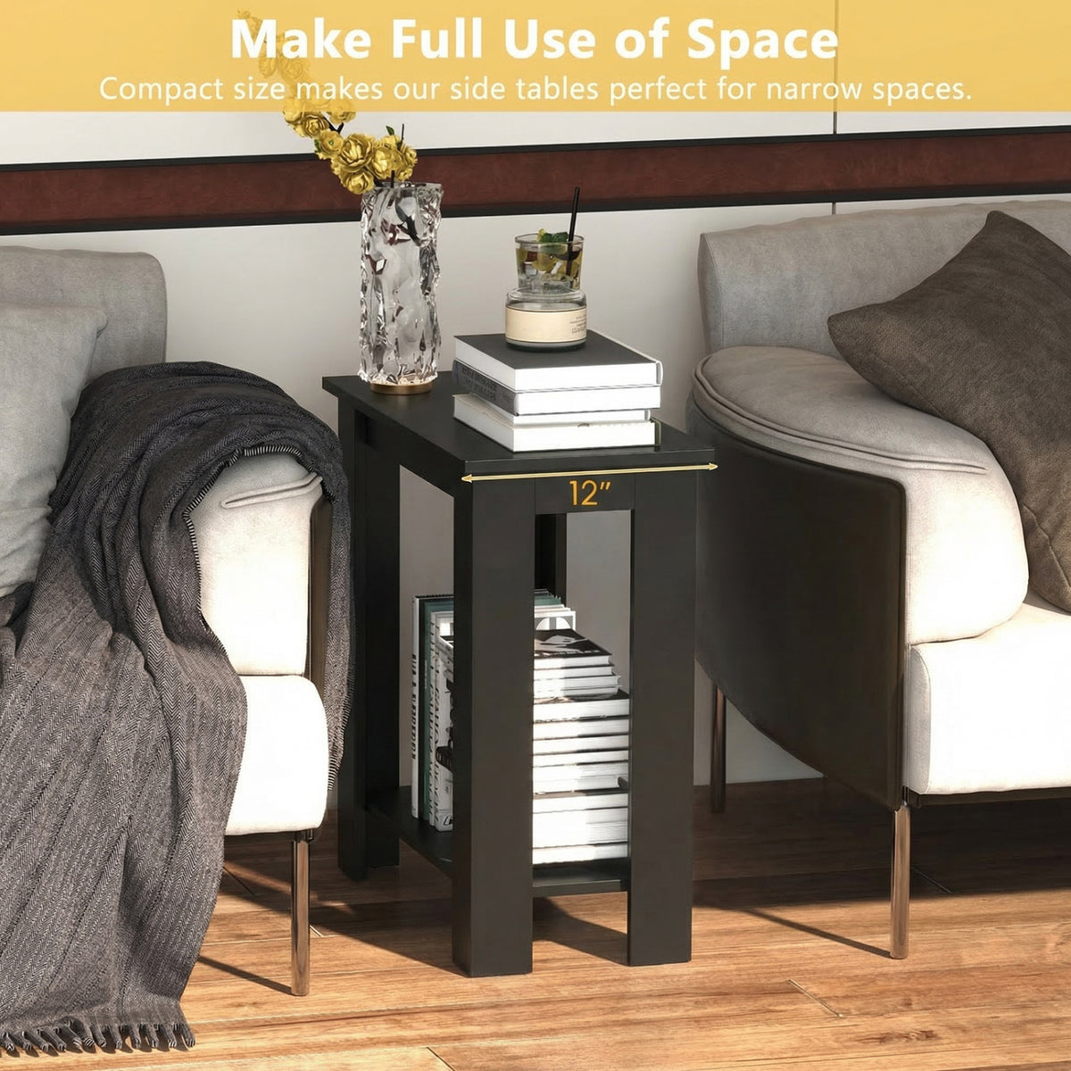 2-Tier Modern Compact End Table with Storage Shelf-Black