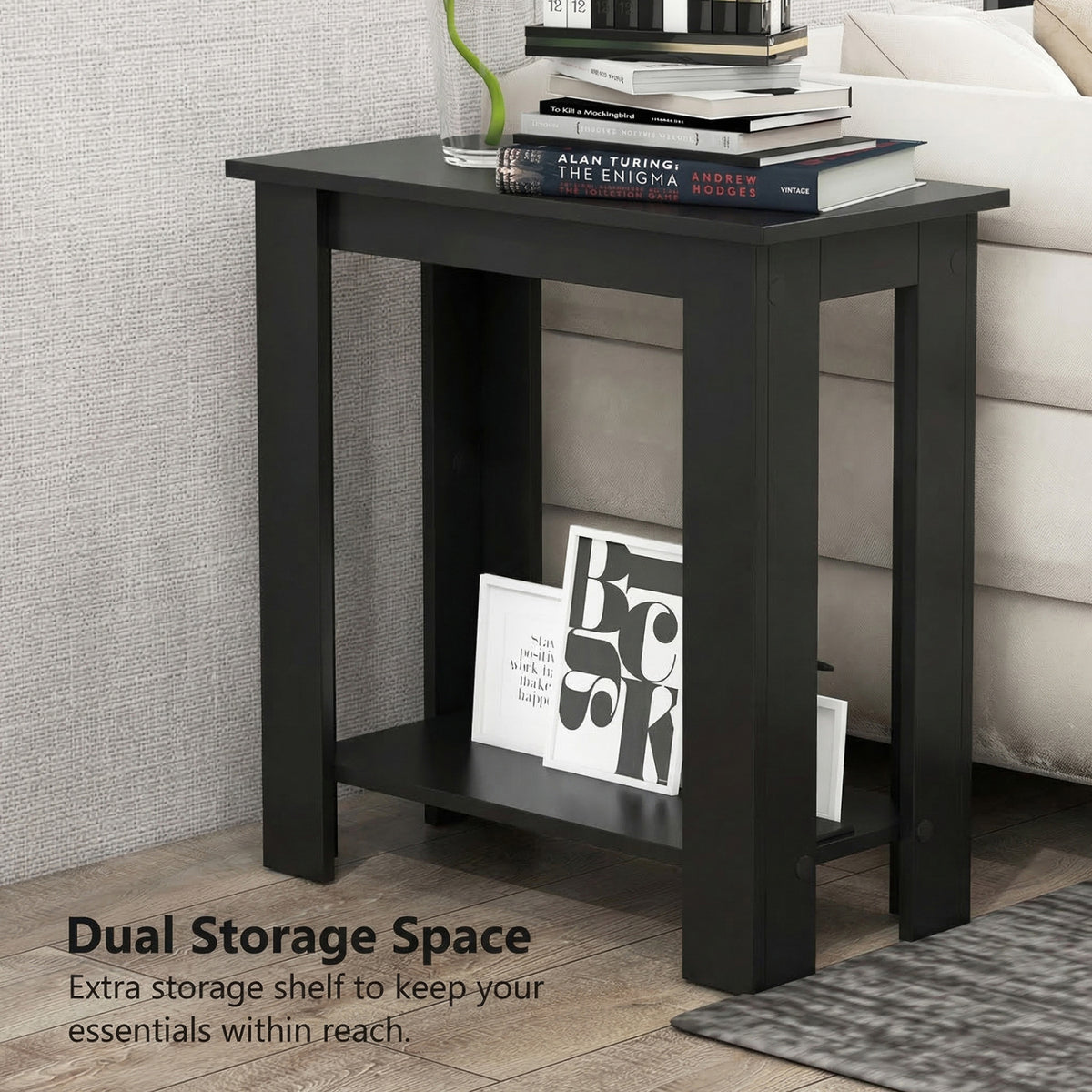 2-Tier Modern Compact End Table with Storage Shelf-Black