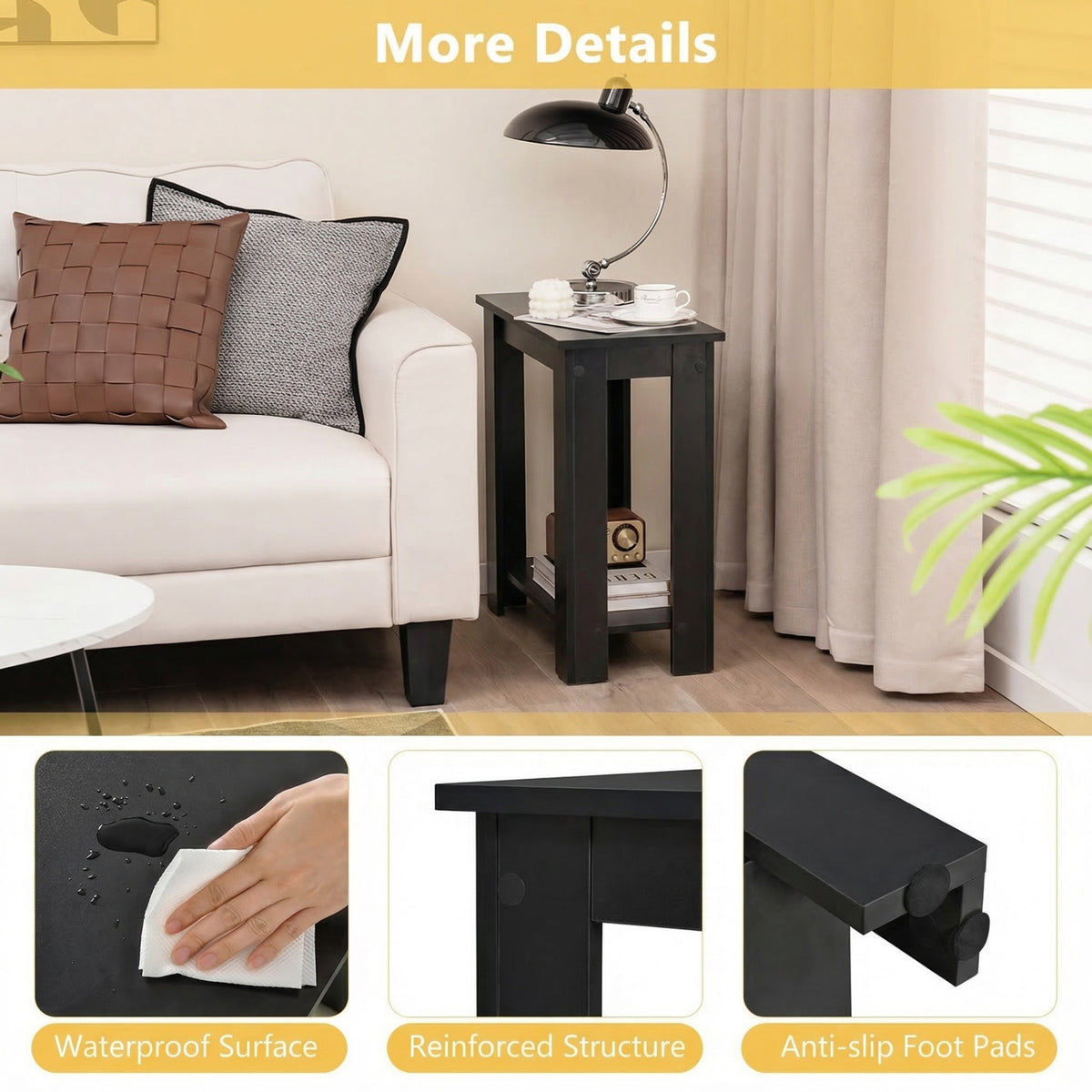 2-Tier Modern Compact End Table with Storage Shelf-Black