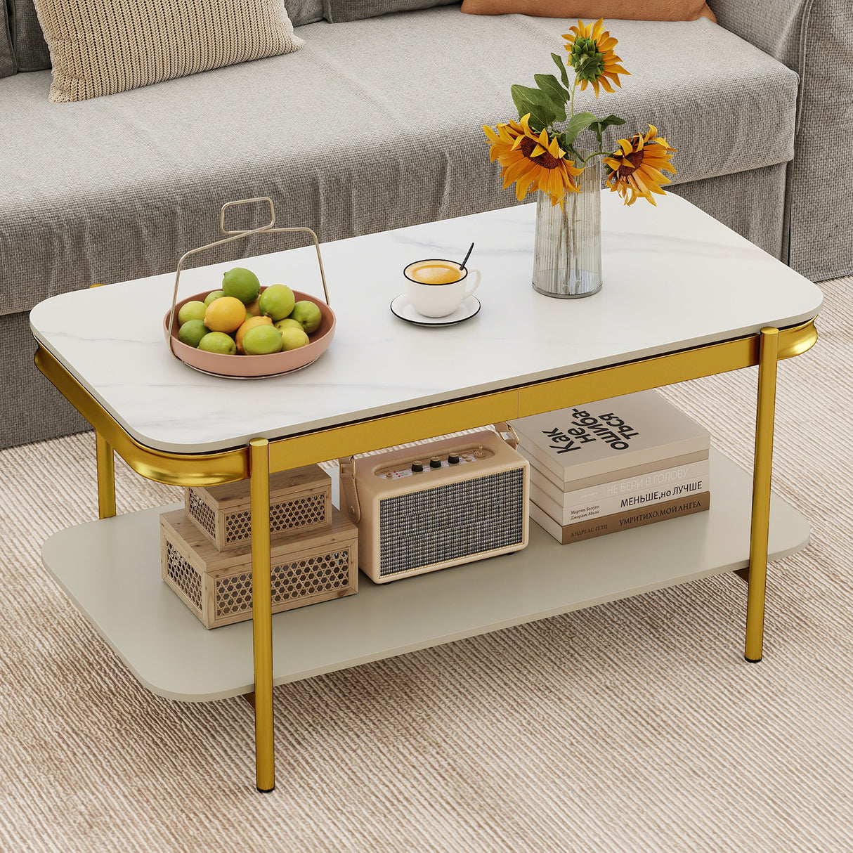 2-Tier Modern Rectangular Coffee Table with Sintered Stone Top-White