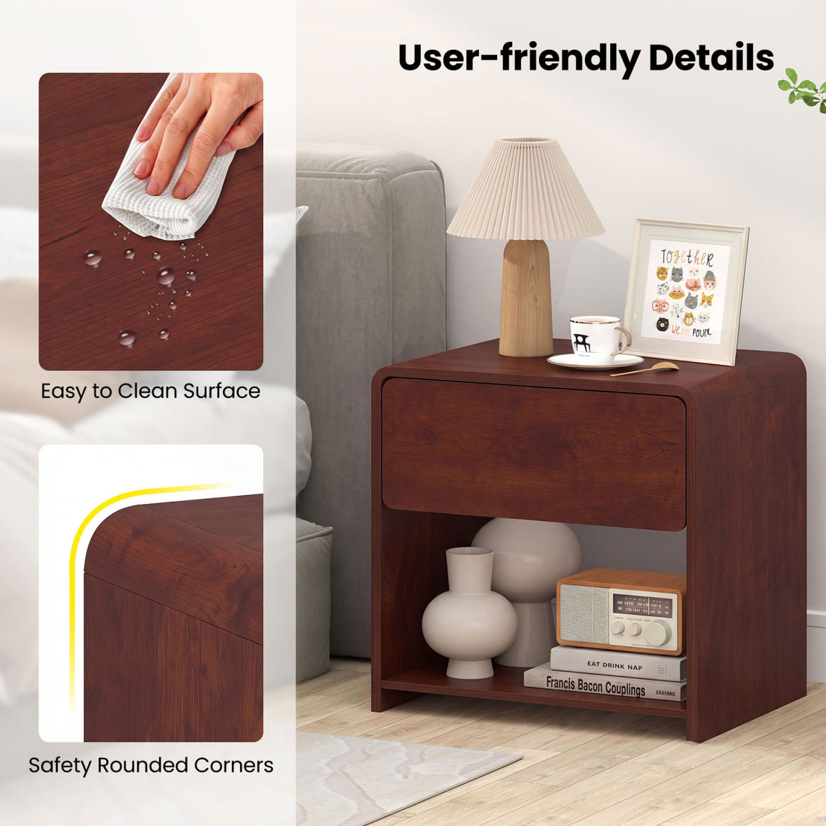 2-Tier Modern Style Nightstand with Drawer and Open Shelf for Bedroom-Walnut