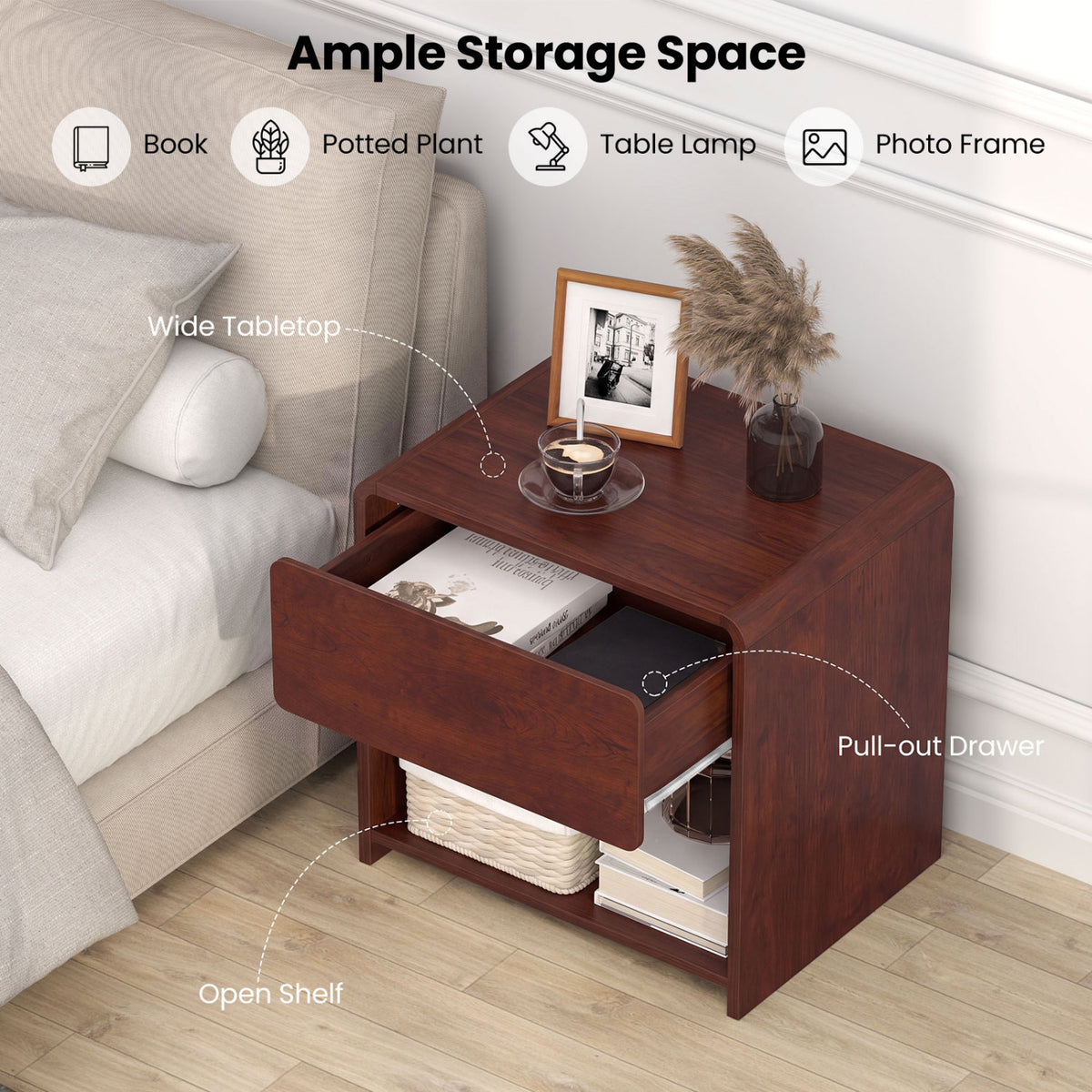 2-Tier Modern Style Nightstand with Drawer and Open Shelf for Bedroom-Walnut