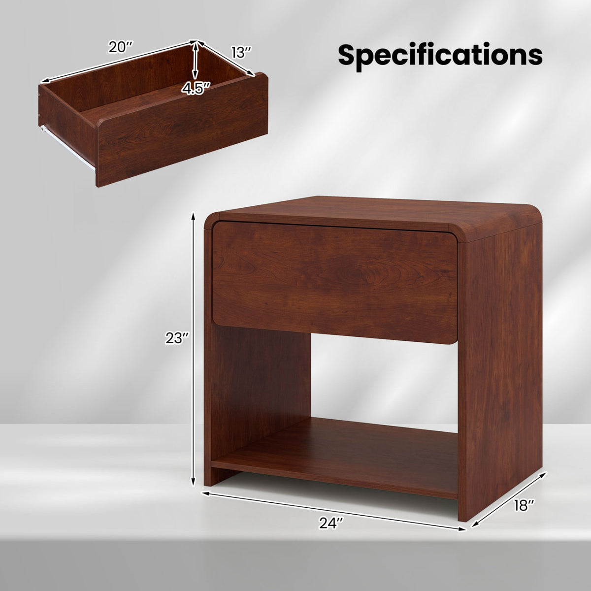 2-Tier Modern Style Nightstand with Drawer and Open Shelf for Bedroom-Walnut
