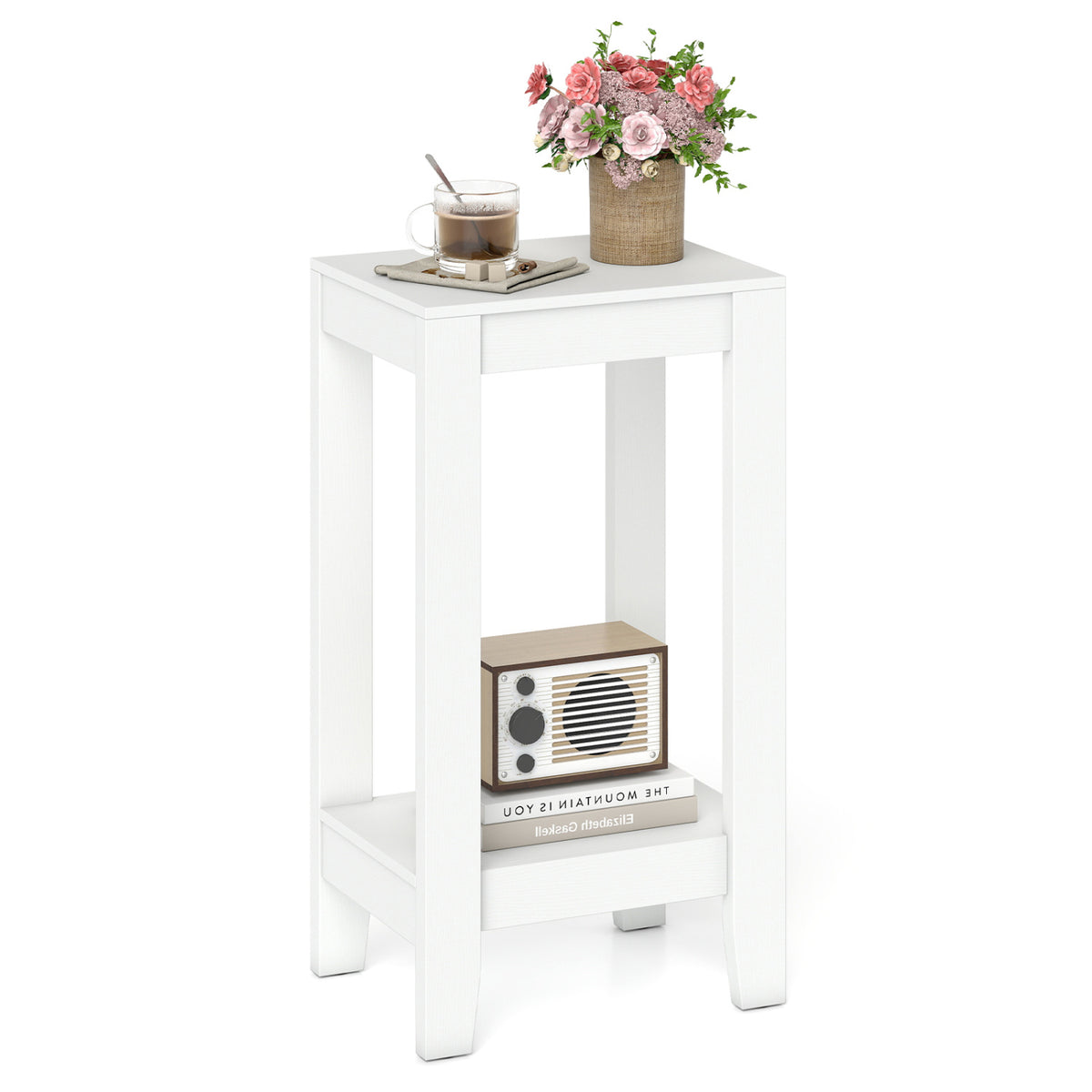 2-Tier Nightstand End Side Wooden Legs Table for Bedroom-White