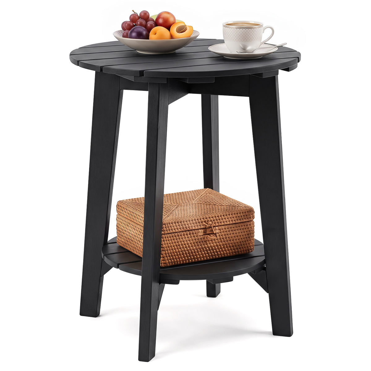 2-Tier Outdoor Eucalyptus Wood Side Table with Slatted Tabletop and Storage Shelf for Backyard-Black