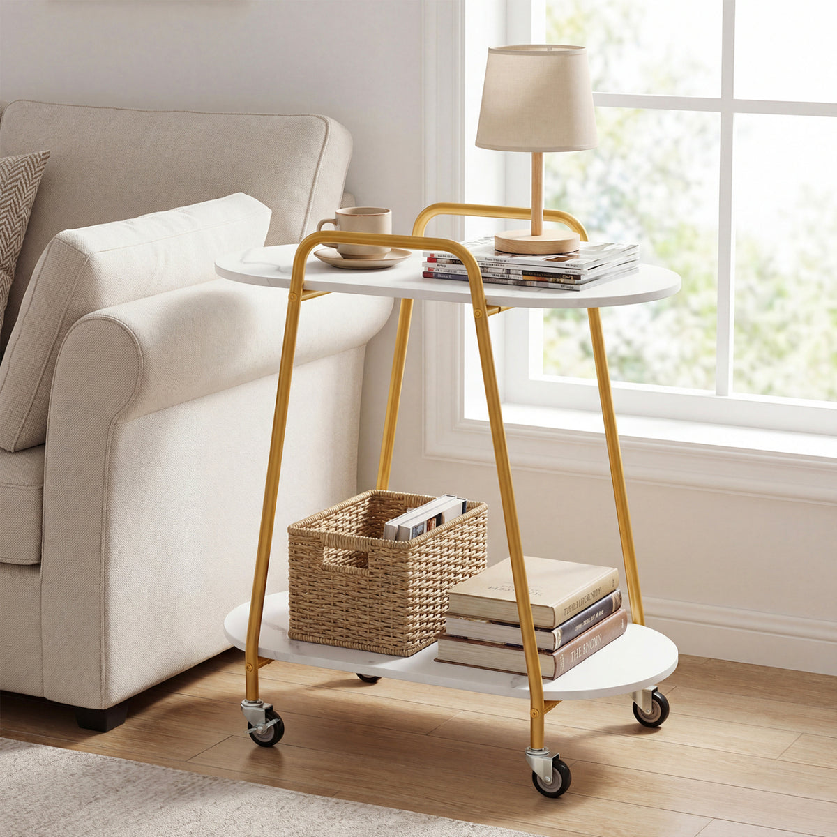 2-Tier Rolling End Table with Faux Marble Surfaces for Small Spaces-White